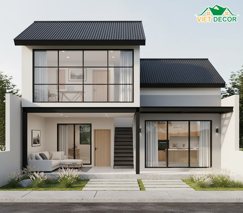 Mẫu nhà cấp 4 5x20 mái tôn có gác lửng