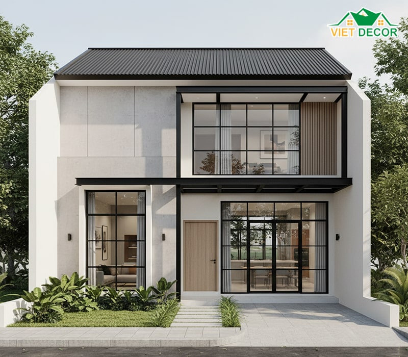 Mẫu nhà cấp 4 5x20 mái tôn có gác lửng