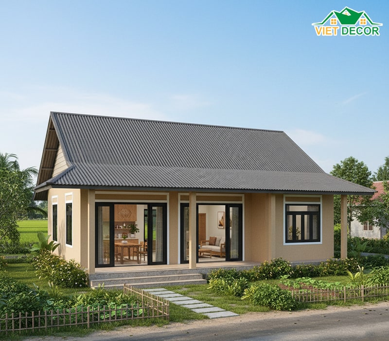 Mẫu nhà cấp 4 5x20 mái tôn ở nông thôn