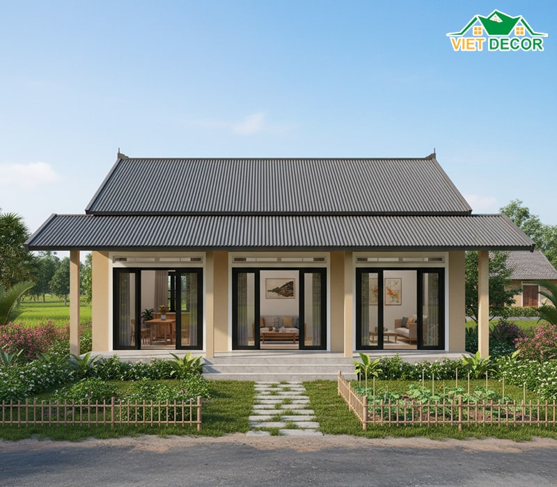 Mẫu nhà cấp 4 5x20 mái tôn ở nông thôn