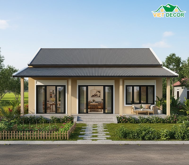 Mẫu nhà cấp 4 5x20 mái tôn ở nông thôn