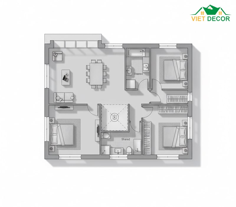 Mặt bằng nhà cấp 4 5x20 3 phòng ngủ