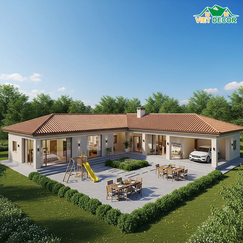 Mẫu nhà cấp 4 nông thôn 3 phòng ngủ chữ L