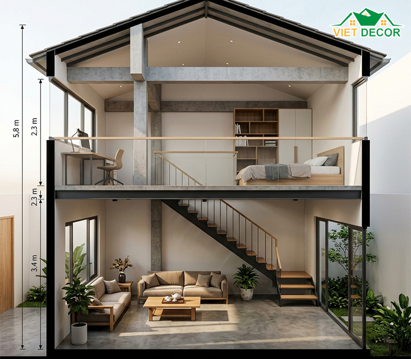 Chiều cao lý tưởng cho gác lửng (Thông thường 2.2m – 2.5m)