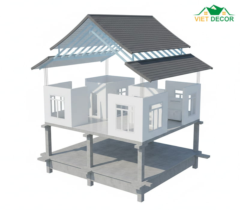 Dự toán chi phí xây dựng mẫu nhà mái Thái 1 tầng 3 phòng ngủ 100m2