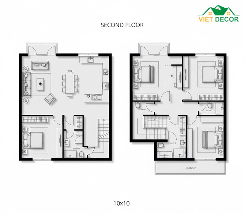 Phương án 1: Diện tích 10x10m (Nhà vuông)