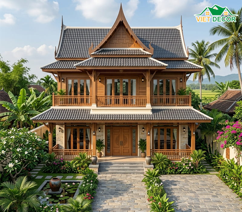 Thiết kế nhà ngang 12m 2 tầng mái Thái sang trọng