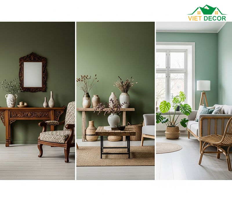 Tường phòng khách Xanh lá cây (xanh ô liu, xanh rêu, xanh bạc hà)