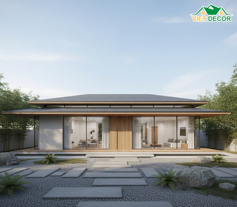 Thiết kế nhà 1 tầng 3 phòng ngủ mái Nhật hiện đại