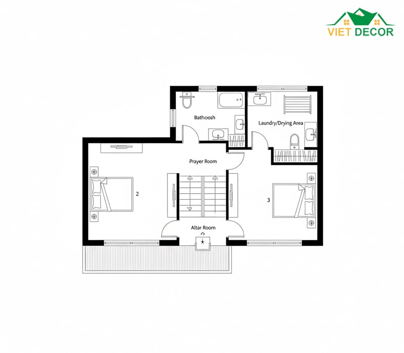 Bố trí 2 Phòng ngủ + 1 Phòng thờ + Sân phơi + 1 WC chung