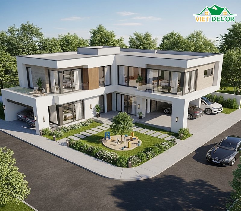 Mẫu nhà chữ L 2 tầng 100m2 tận dụng góc đất, có sân vườn