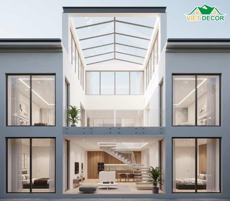 Thiết kế nhà 2 tầng 8x12 có giếng trời/thông tầng