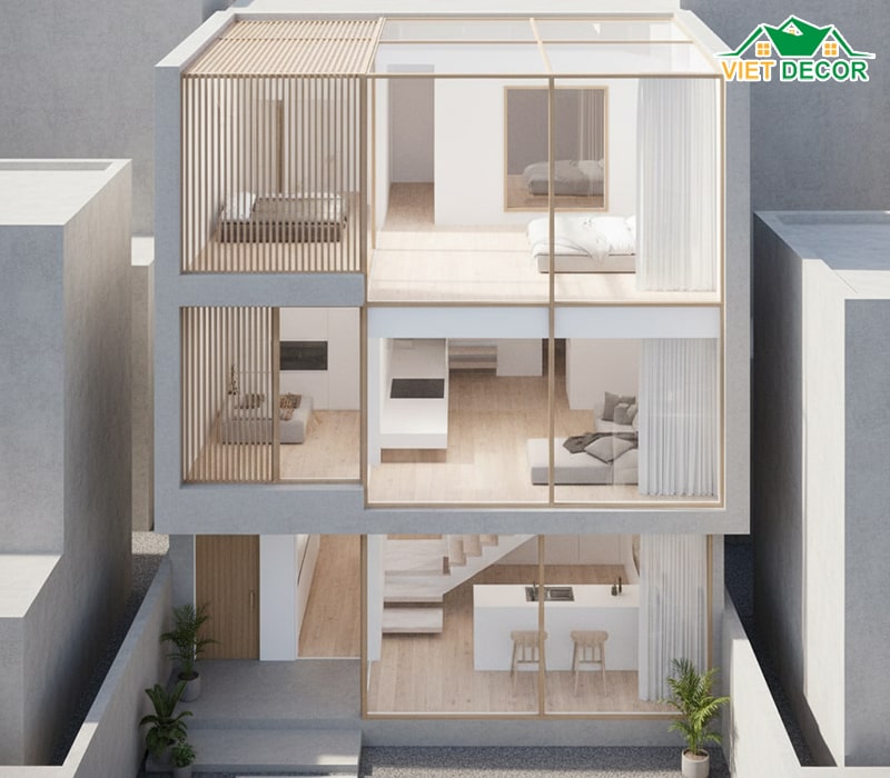 Thiết kế nhà 2 tầng 8x12 có giếng trời/thông tầng