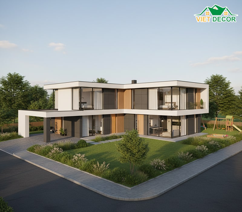 Mẫu nhà 2 tầng 4 phòng ngủ 8x12 chữ L