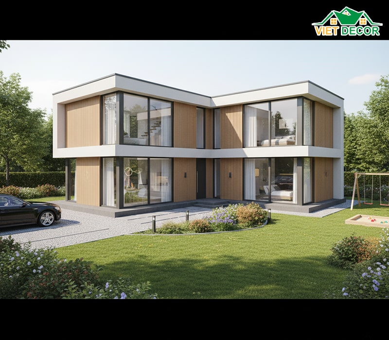 Mẫu nhà 2 tầng 4 phòng ngủ 8x12 chữ L