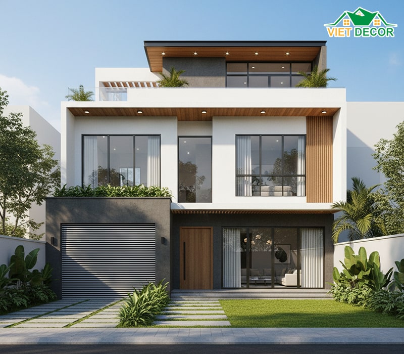 Mẫu nhà 2 tầng 5 phòng ngủ 100m2 hiện đại có gara