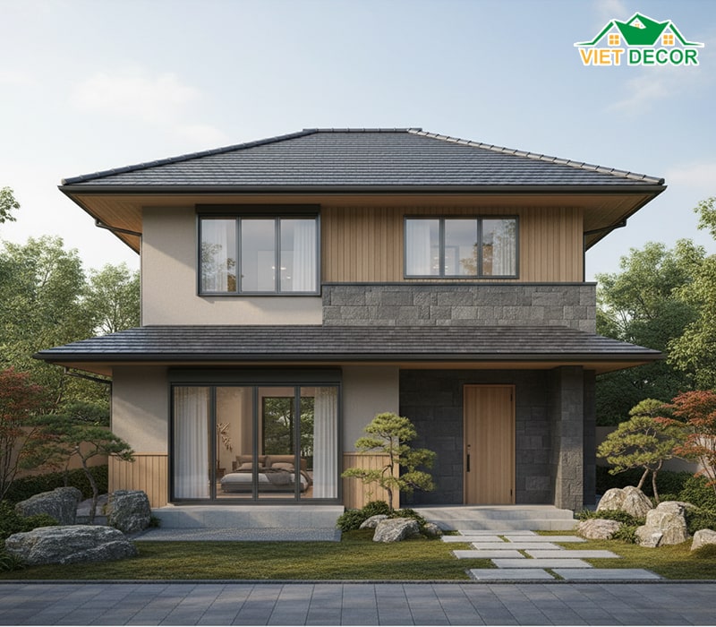 Mẫu nhà 2 tầng 5 phòng ngủ 100m2 mái Nhật