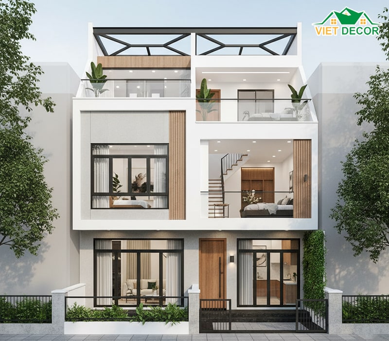 Mẫu nhà ống (nhà phố) 2 tầng 5 phòng ngủ 100m2 (ví dụ: mặt tiền 5m x 20m)