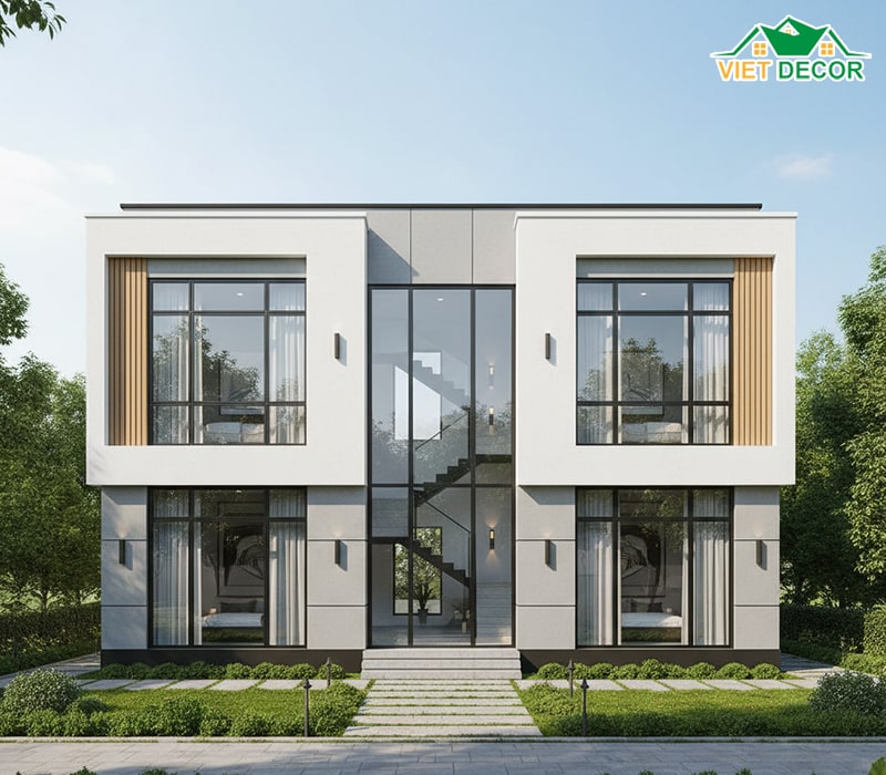 Mẫu nhà vuông 2 tầng 5 phòng ngủ 100m2 (ví dụ: mặt tiền 10m x 10m)