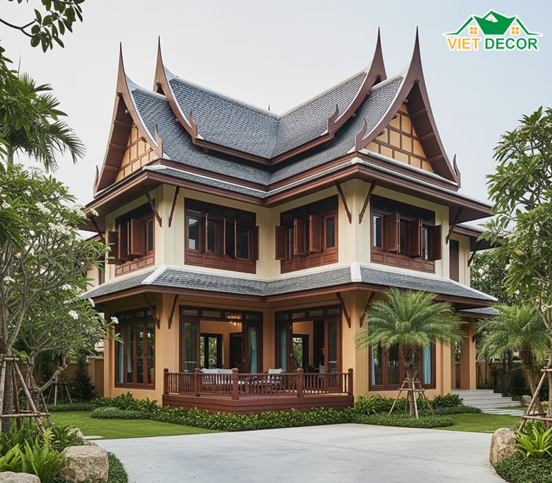 Mẫu nhà 2 tầng 5 phòng ngủ 150m2 mái Thái sang trọng