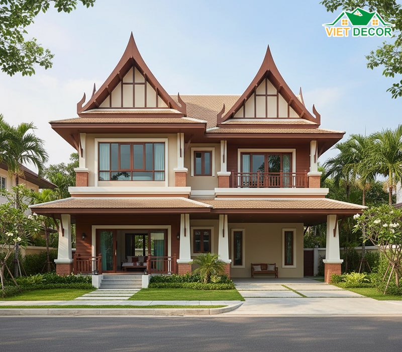 Mẫu nhà 2 tầng 5 phòng ngủ 150m² mái Thái sang trọng