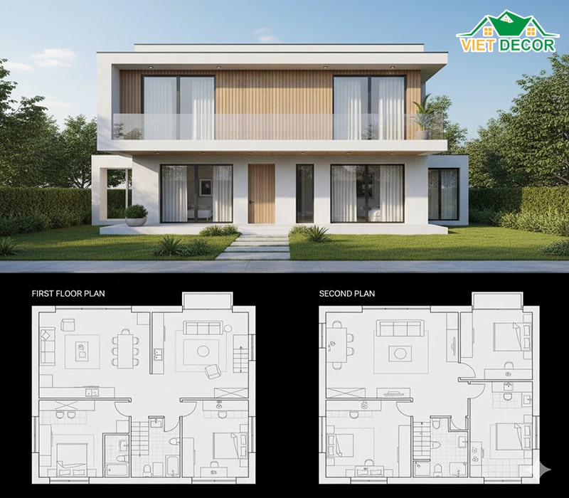 Phương án 1: Bản vẽ mặt bằng 1 phòng ngủ tầng 1, 4 phòng ngủ tầng 2