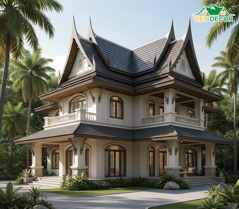 Mẫu nhà 2 tầng 5 phòng ngủ 200m2 mái Thái
