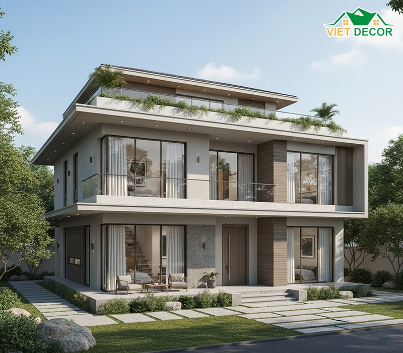 Thiết kế nhà 2 tầng 5 phòng ngủ 200m2 hiện đại (mái bằng)