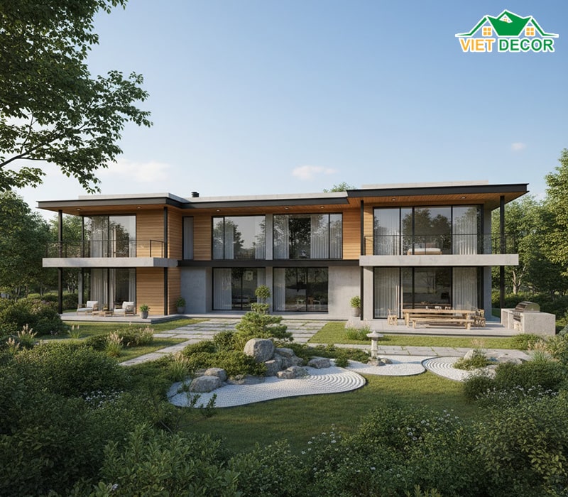 Mẫu nhà 2 tầng 5 phòng ngủ 200m2 ở nông thôn (thiết kế sân vườn rộng)