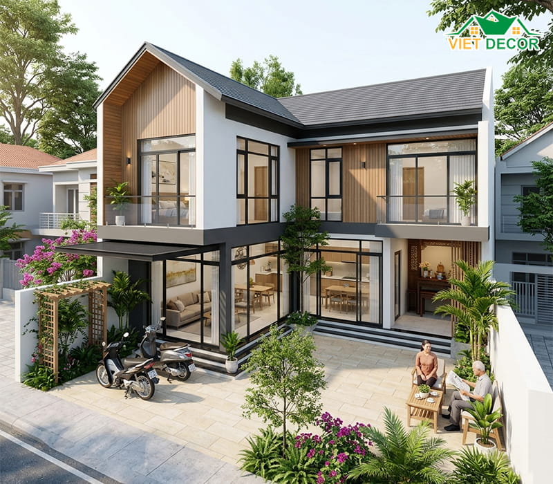 Thiết kế nhà 2 tầng 80m2 chữ L tận dụng khoảng sân