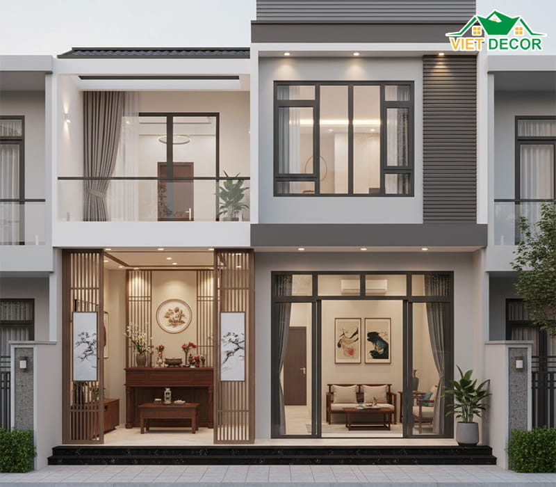 Mẫu nhà ống 2 tầng có phòng thờ kết hợp phòng khách