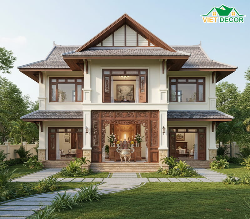 Mẫu nhà mái Thái 2 tầng có phòng thờ riêng biệt tại tầng 1