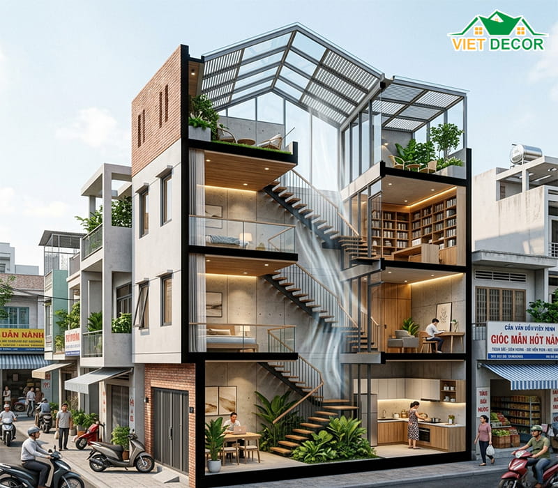 Thiết kế giếng trời ở giữa hoặc cuối nhà