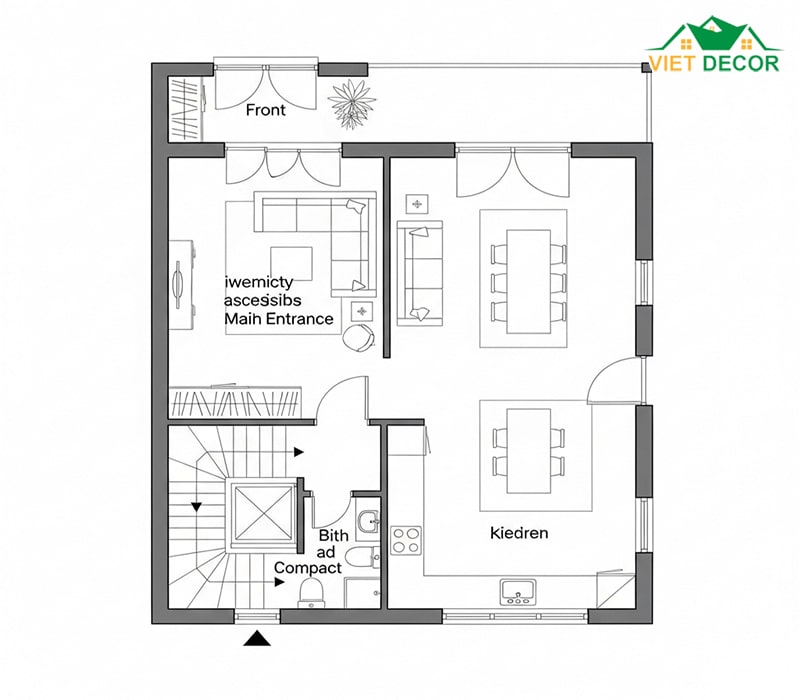 Mặt bằng tầng trệt (phòng khách, bếp, WC)