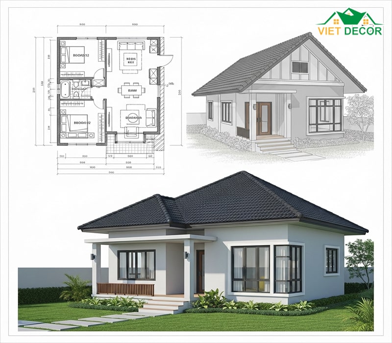 Bản vẽ thiết kế mẫu nhà cấp 4 2 phòng ngủ mái thái