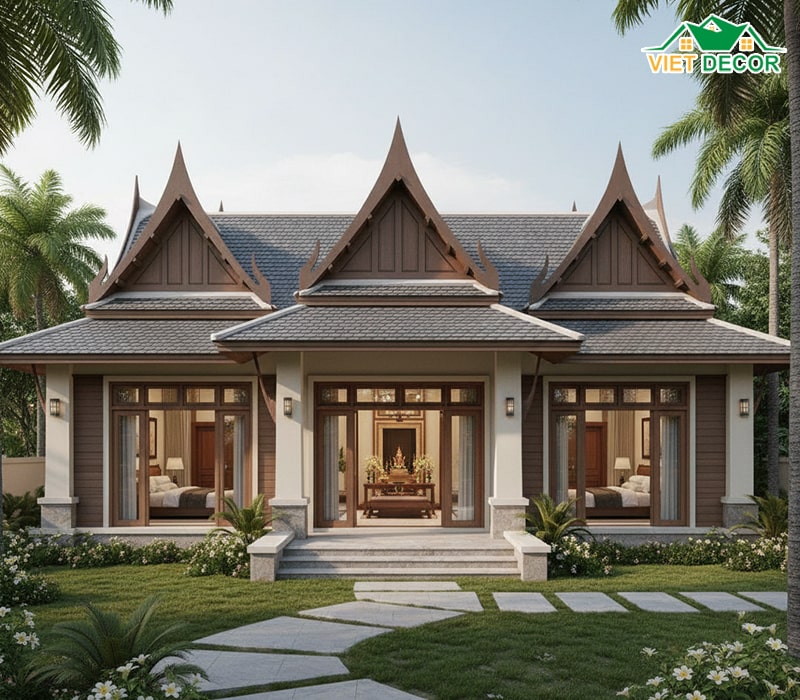 Mẫu nhà cấp 4 mái Thái 2 phòng ngủ 1 phòng thờ sang trọng