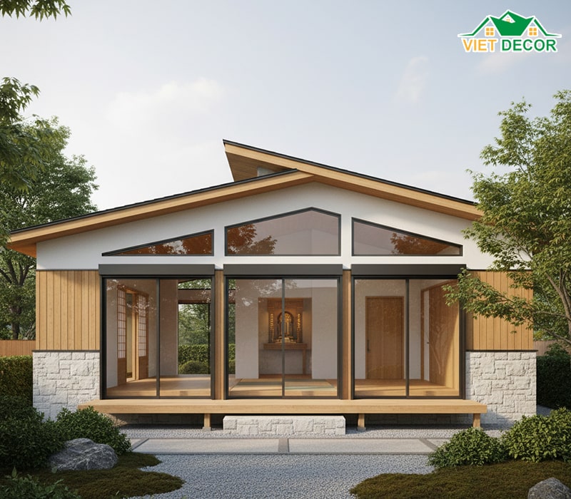 Thiết kế nhà cấp 4 mái Nhật 2 phòng ngủ 1 phòng thờ hiện đại