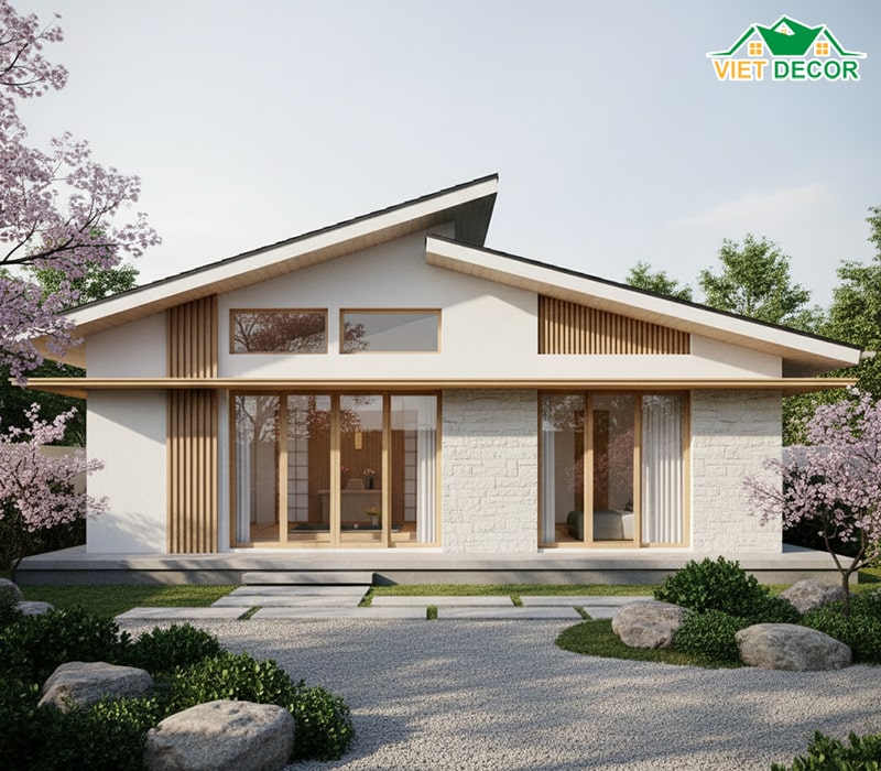 Thiết kế nhà cấp 4 mái Nhật 2 phòng ngủ 1 phòng thờ hiện đại