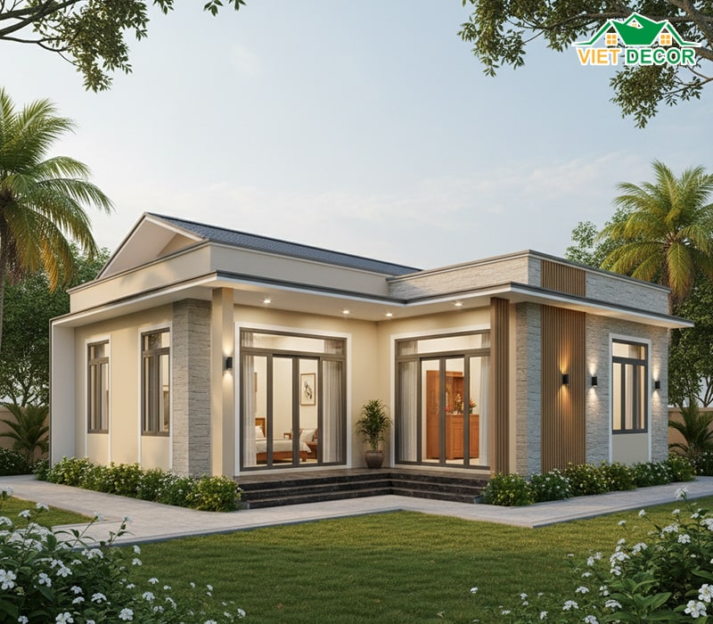 Mẫu nhà cấp 4 chữ L 2 phòng ngủ 1 phòng thờ