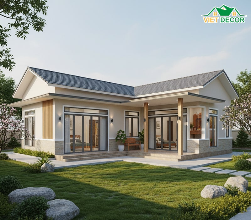 Mẫu nhà cấp 4 chữ L 2 phòng ngủ 1 phòng thờ