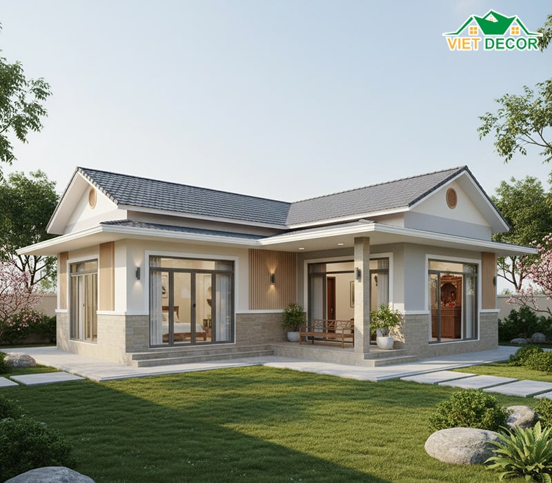 Mẫu nhà cấp 4 chữ L 2 phòng ngủ 1 phòng thờ