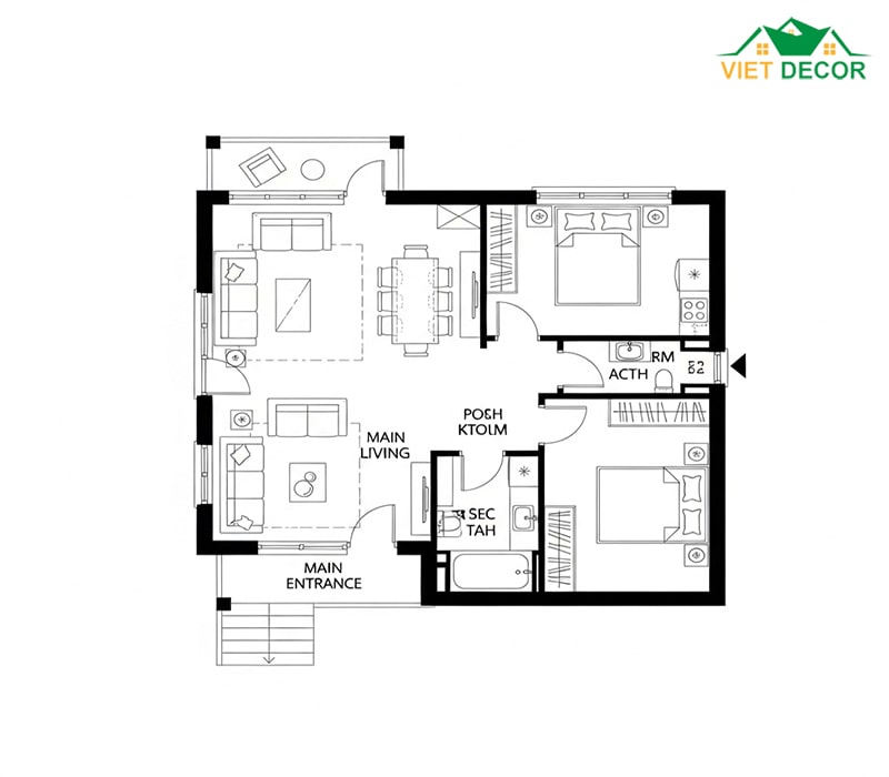 Bản vẽ nhà cấp 4 2 phòng ngủ 5×12 phòng khách liền kề bếp
