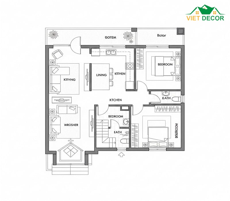 Bản vẽ nhà cấp 4 2 phòng ngủ 5×12 có phòng thờ