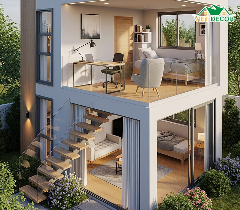 Mẫu nhà cấp 4 2 phòng ngủ 70m2 có gác lửng