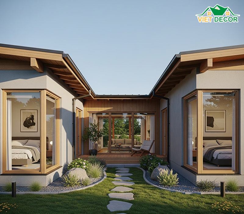 Mẫu thiết kế nhà cấp 4 với 2 phòng ngủ 70m2 chữ U