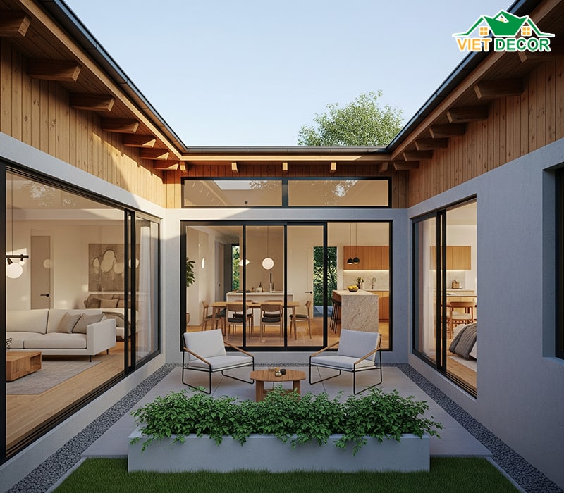 Mẫu thiết kế nhà cấp 4 với 2 phòng ngủ 70m2 chữ U