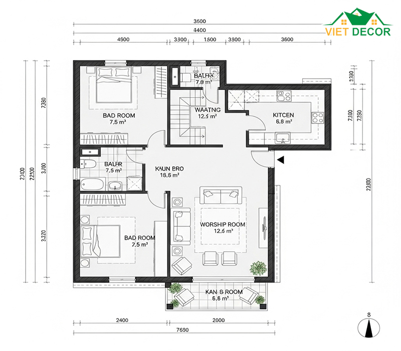 Bản vẽ thiết kế mẫu nhà cấp 4 2 phòng ngủ 70m2 có phòng thờ
