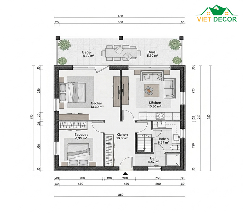 Bản vẽ mẫu nhà cấp 4 2 phòng ngủ 70m2 mái bằng