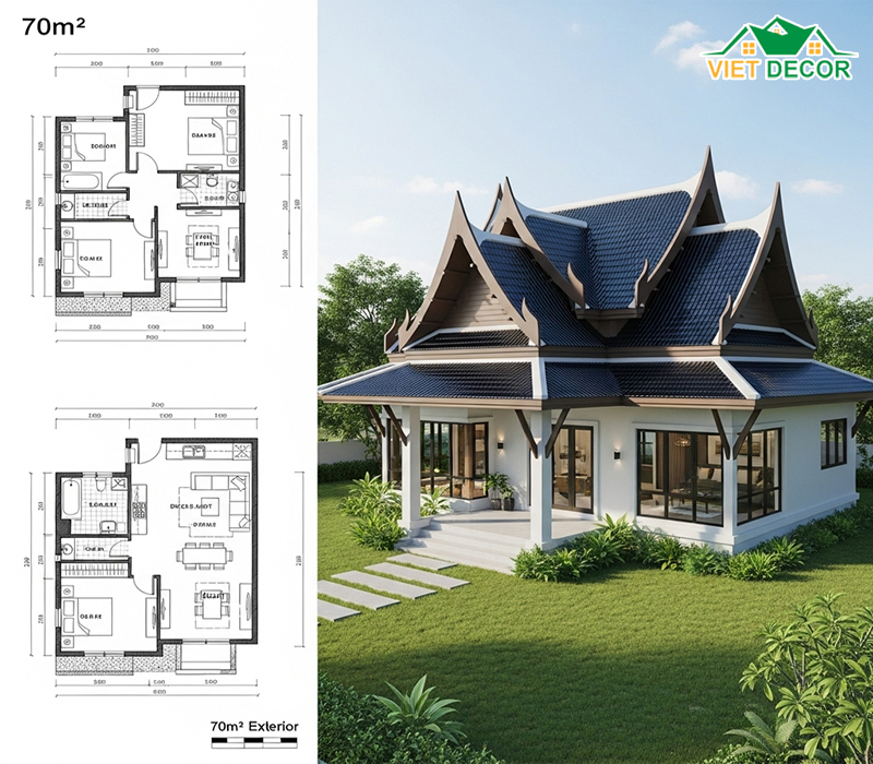 Bản vẽ mẫu nhà cấp 4 2 phòng ngủ 70m2 mái Thái