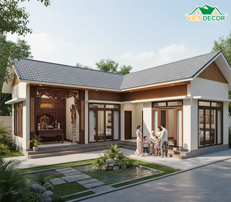Thiết kế nhà cấp 4 chữ L có 3 phòng ngủ 1 phòng thờ